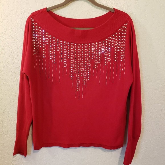 Vila Milani Sweaters - Vila Milani Women's Size Medium Red Wool Blend Rhinestones Pullover Sweater